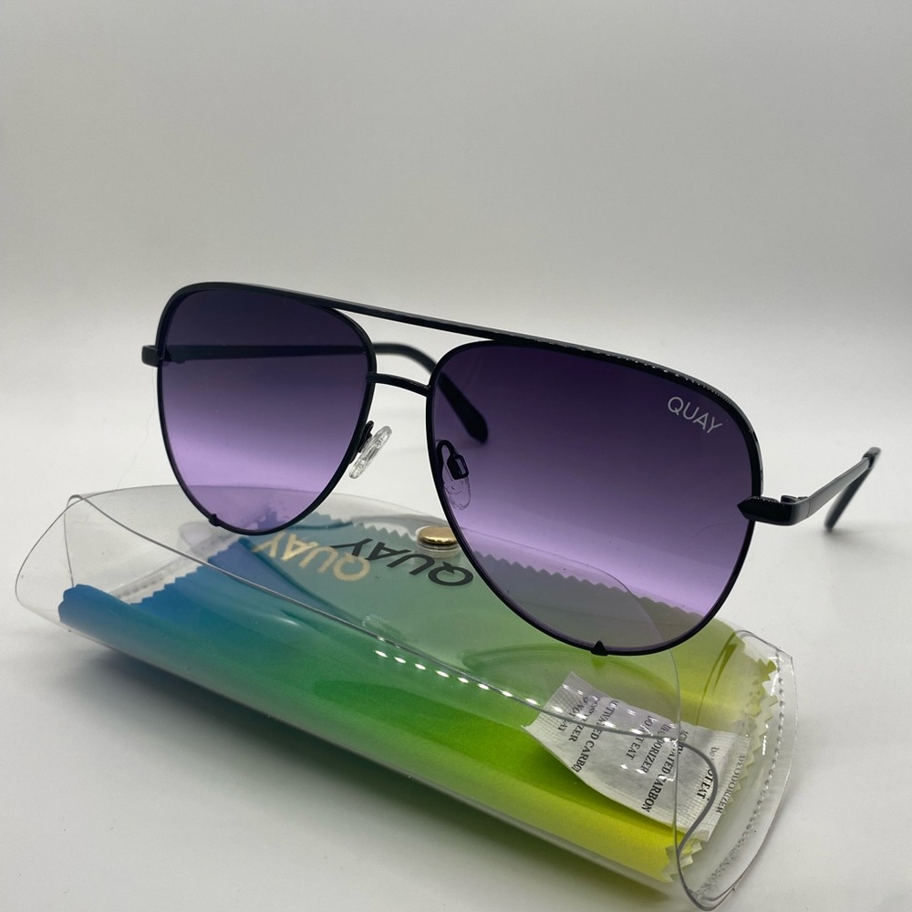Quay High Key Black Aviator Sunglasses with Purple Fade Lenses New